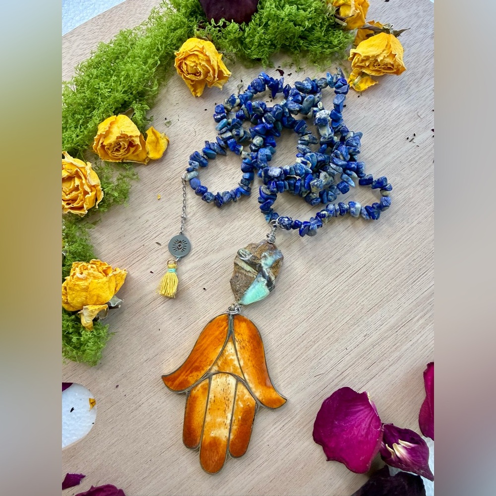 Lapis Lazuli & Chrysoprase Necklace with Hamsa Charm - Picture 3 of 5